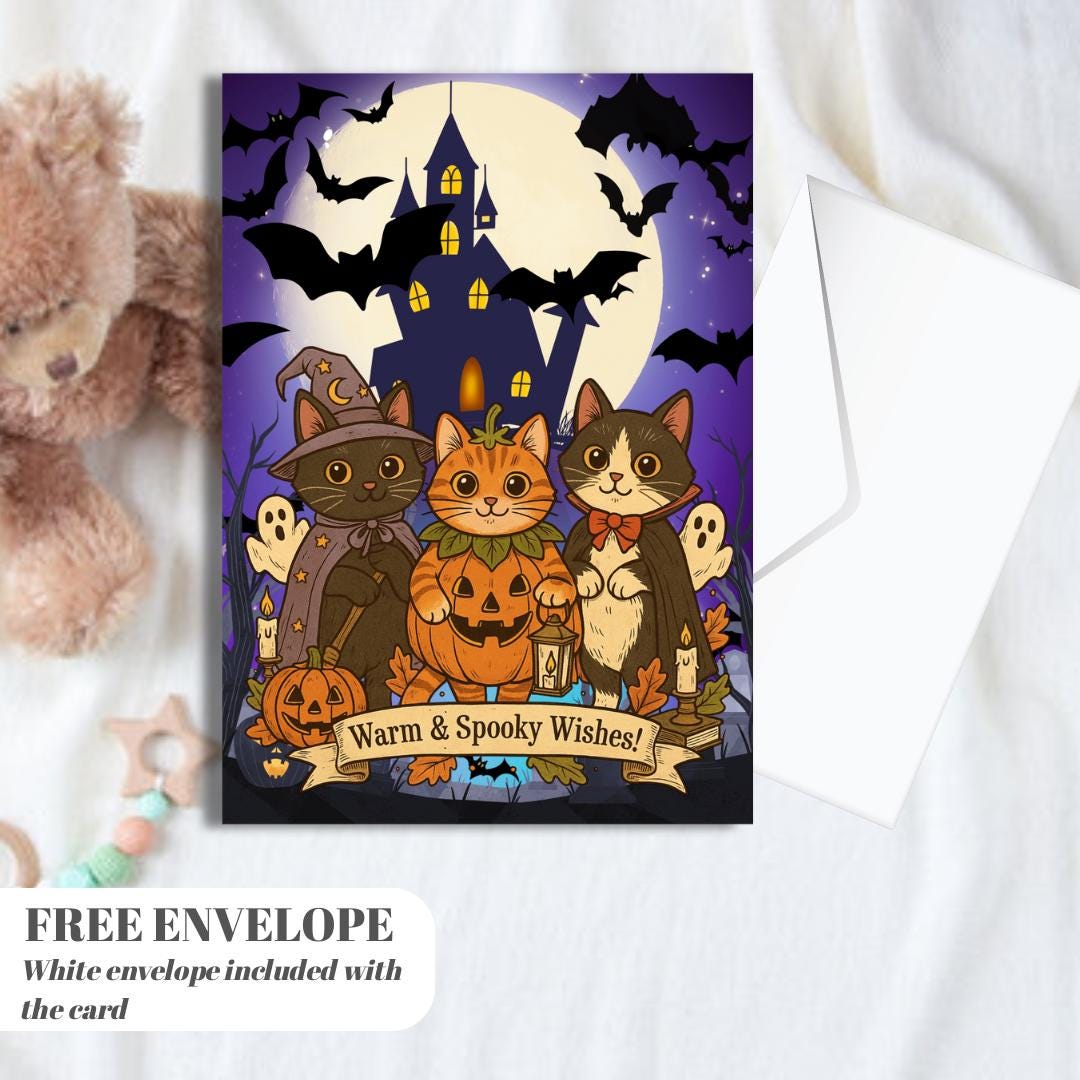 Funny Cat halloween Card - warm and spooky whises Cat - halloween Cards For Men Women - Cheeky Gift For Cat Lovers - Sister Brother Friend