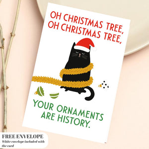 Funny Cat Christmas Card - Ornaments Christmas Cat - Funny Xmas Cards For Cat Lovers - Cat destroyed ornaments, cat mums Funny postcard
