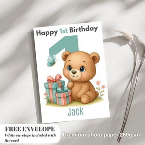 Teddy Bear 1st Birthday Card | Personalised Baby Boy Greeting Card | Custom Number Card for your nephew from grandpa, uncle or loved one