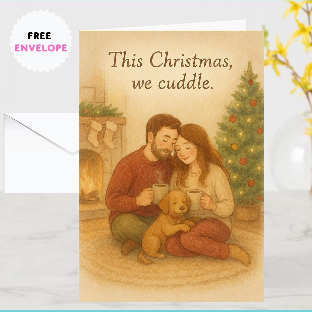 Cozy Couple Christmas Card with Dog – “This Christmas, We Cuddle” | Warm Fireplace Holiday Illustration for Couples & Pet Lovers