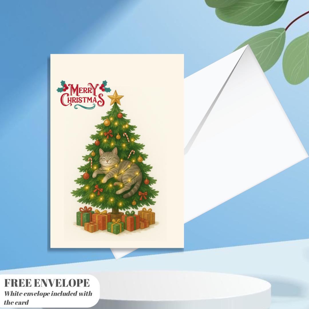 Christmas Tree Cat Card - Christmas Lover Cat - Funny Tree  Cards For Cat Lovers - Cat wishes you Merry Christmas to you, cat mums postcard