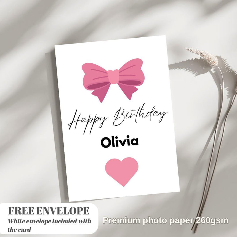 Personalised Birthday Card for Her – Pink Bow, Daughter, Friend, Mum, Custom Birthday Wishes