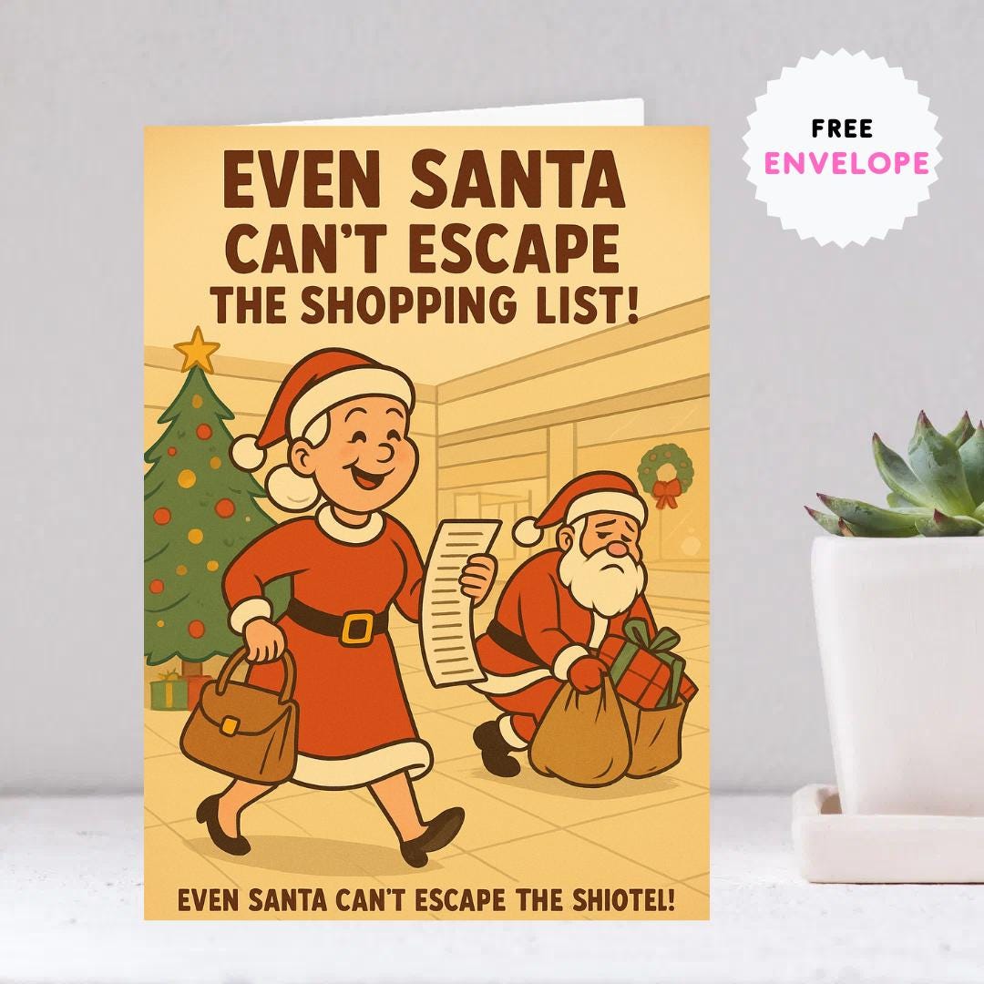 Funny Santa and Mrs Claus Christmas Card – A5 Holiday Greeting Card with Envelope, Retro Shopping Humor Xmas Card for Couples