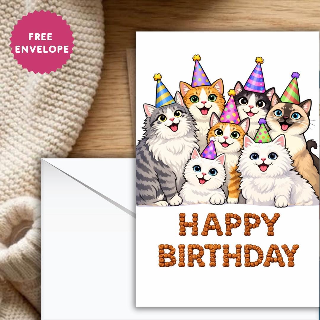 Funny Cat Birthday Greeting Card, Meme Cats Party Card, Cat Lover Birthday Card, Cute Pet Birthday Card