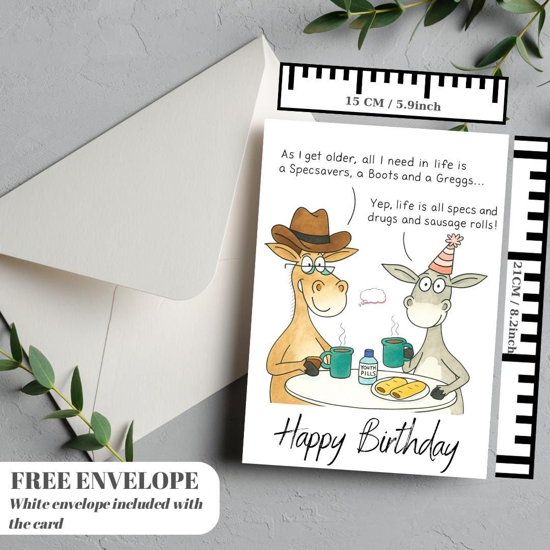 Paperlink Funny Artistic 'Happy Birthday' Greetings Card - From The Funny Farm Range - For Him/For Her - 'Specs, Drugs and Sausage Rolls!'