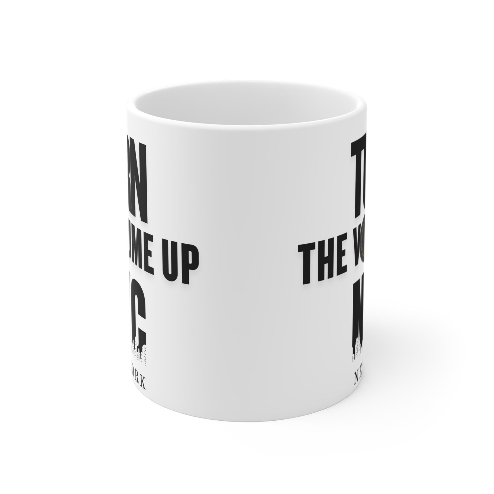 Turn the Volume Up NYC Mug | New York skyline, speaker graphic