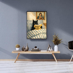 Cat Reading Wall Art Print – Black Cat Illustration, Cozy Bedroom Poster for Book Lovers, Cute Cat Home Decor