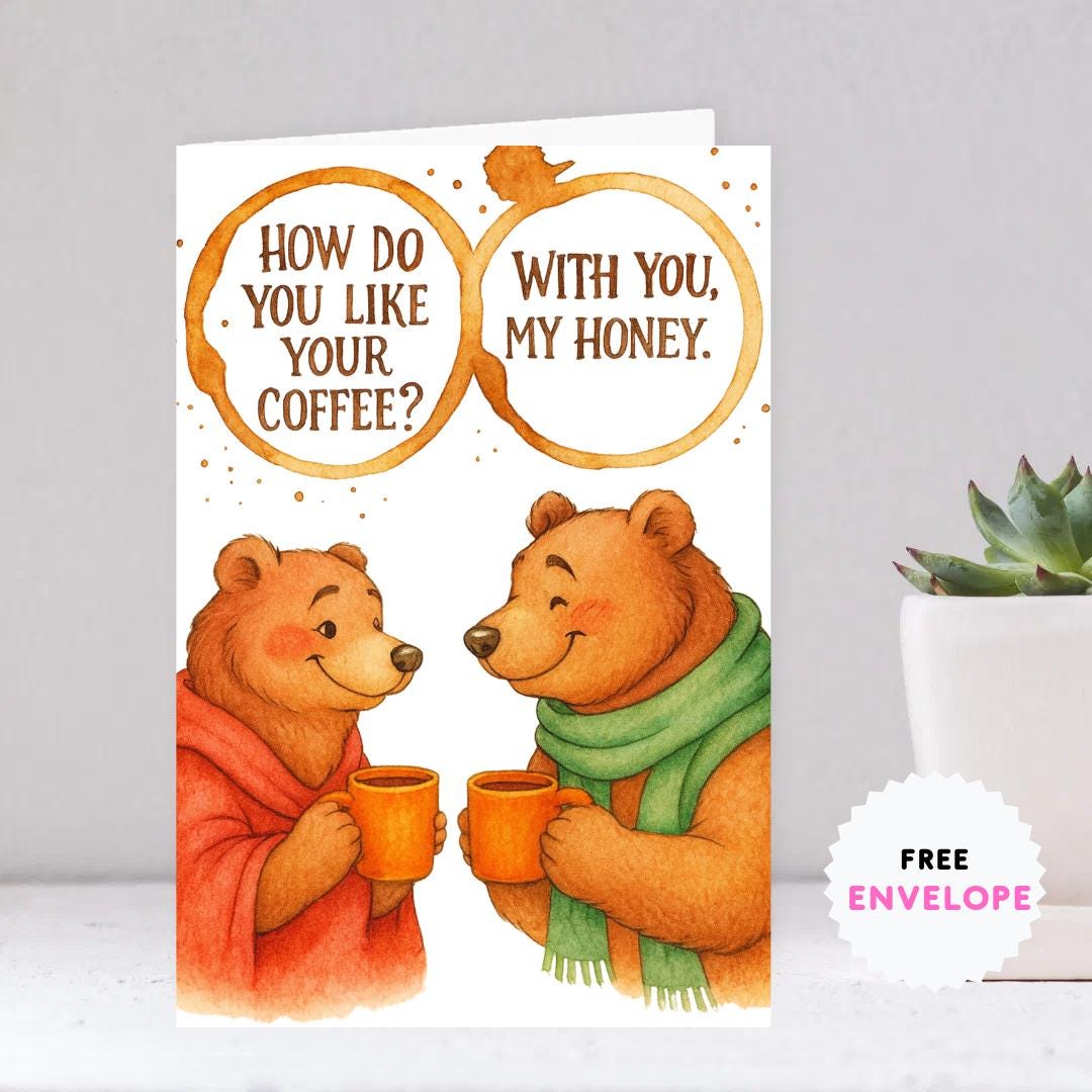 Cute Brown Bears Coffee Card • Anniversary Card • Valentine’s Day Card • Romantic Bear Couple • Best Friends Gift • Blank Inside Greeting