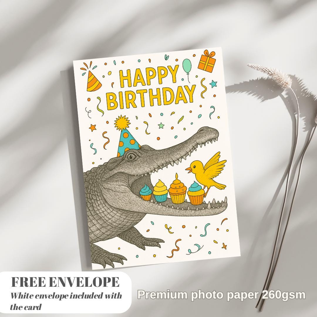 Crocodile Cake Birthday card animal birthday card wildlife art card hand drawn animal art cute Crocodile Cake bird eat cake card
