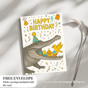 Crocodile Cake Birthday card animal birthday card wildlife art card hand drawn animal art cute Crocodile Cake bird eat cake card