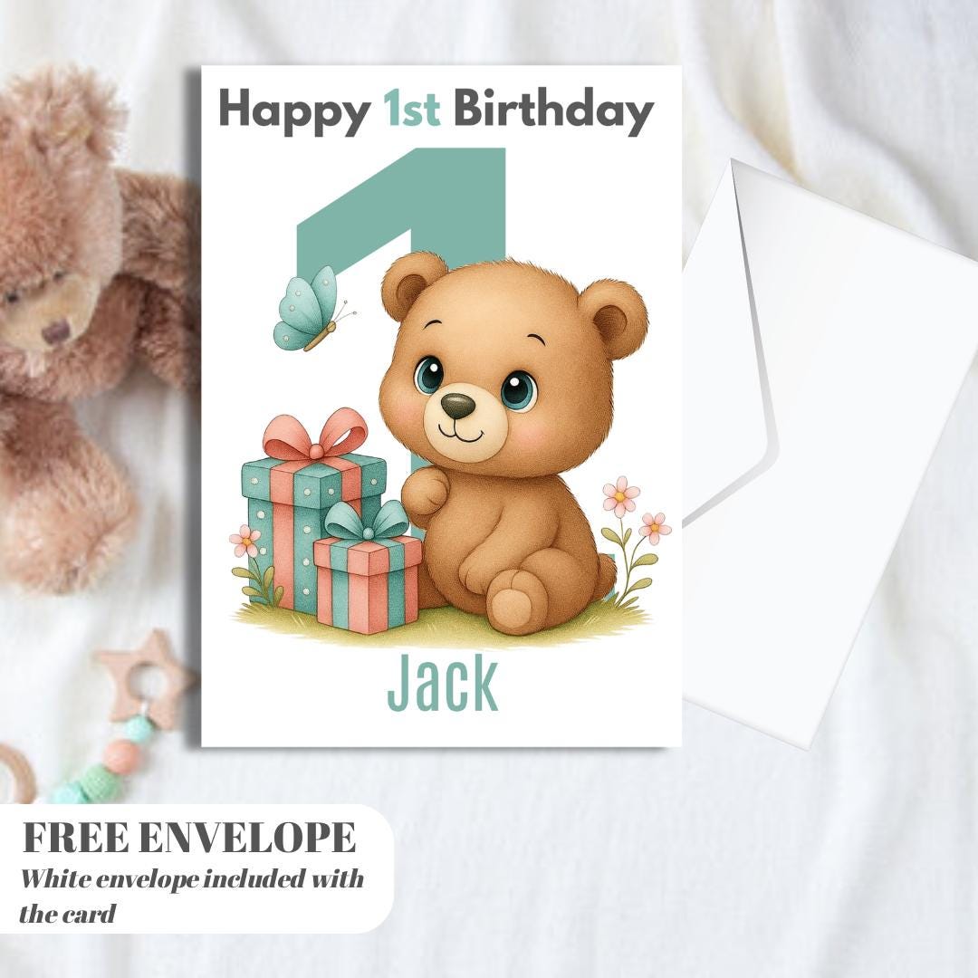 Teddy Bear 1st Birthday Card | Personalised Baby Boy Greeting Card | Custom Number Card for your nephew from grandpa, uncle or loved one
