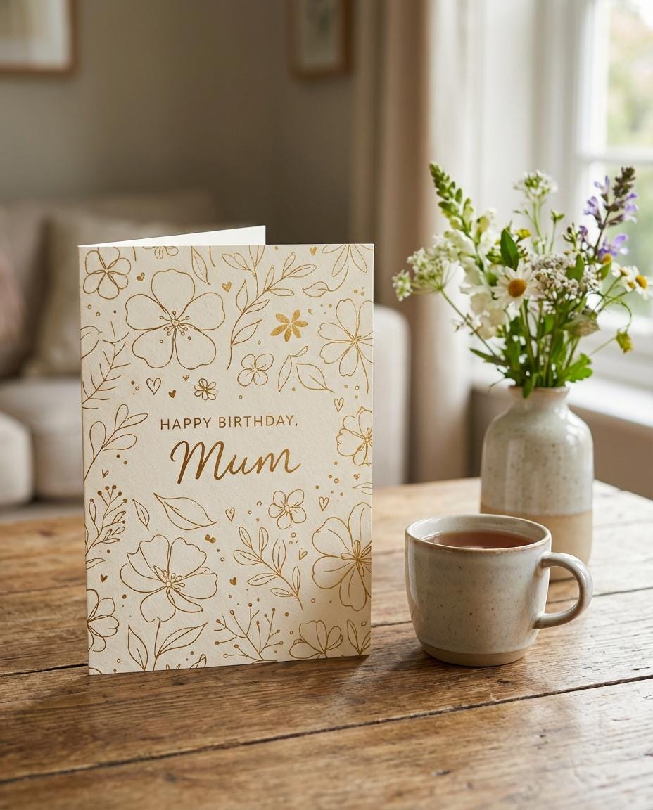 Mum Birthday Card – Elegant Floral Birthday Card for Mum, Minimal Gold Design, Classy Birthday Card for Mother