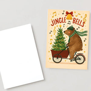 Funny Christmas Card - Bear on bicycle with Christmas tree, jungle bells christmas card bear greeting card