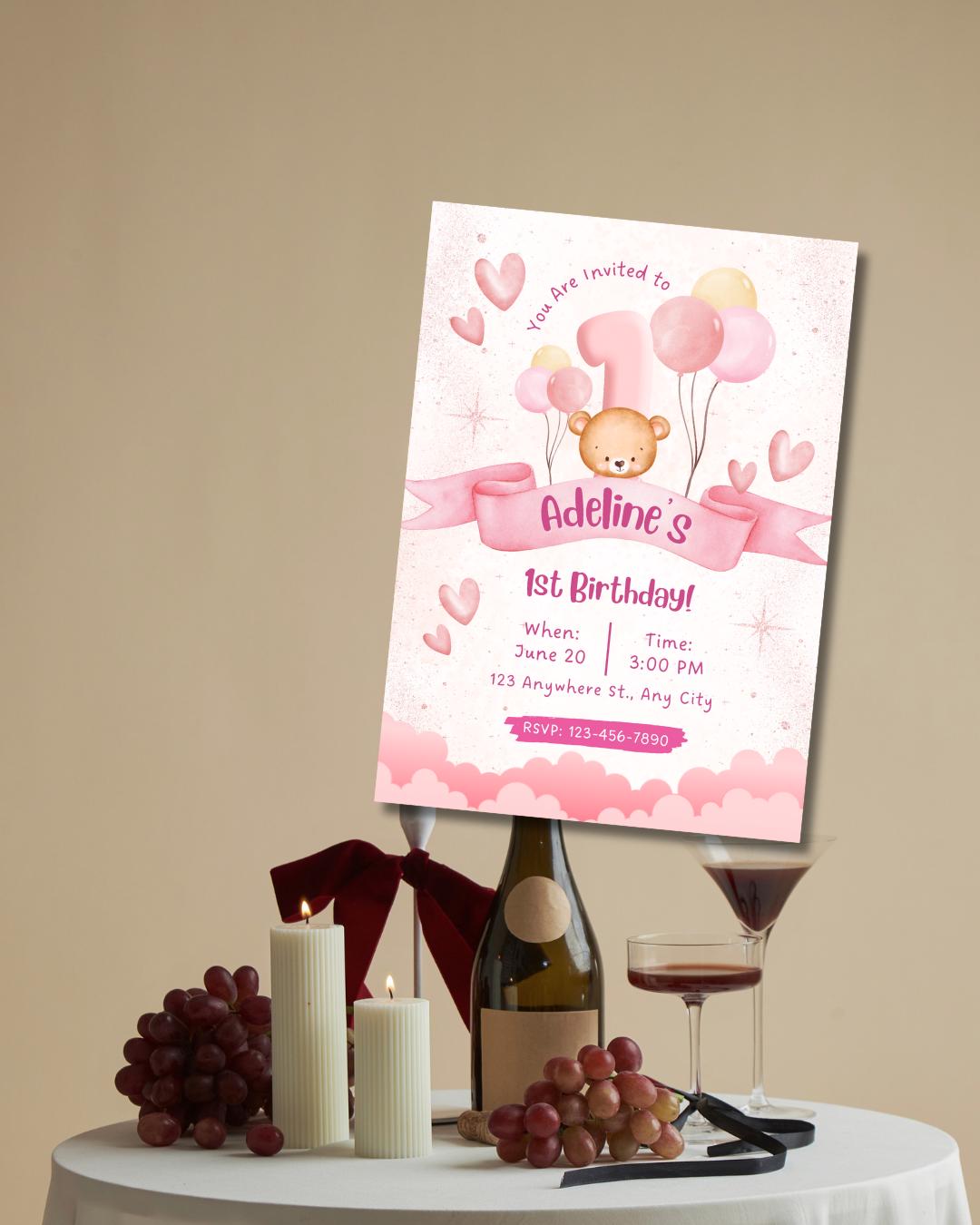 Beary Birthday Invitation, Bear Birthday Invite, Teddy  Birthday,  Birthday Girl, Beary Birthday Party Invite Pink 10/20/30 invitations card