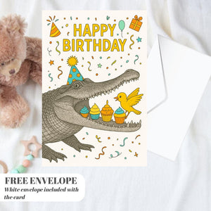 Crocodile Cake Birthday card animal birthday card wildlife art card hand drawn animal art cute Crocodile Cake bird eat cake card
