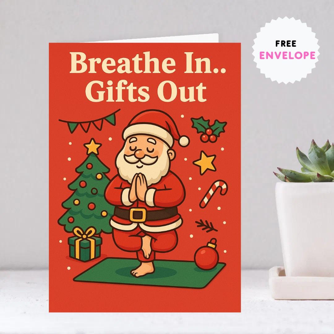 Funny Christmas Card A5 – Santa Doing Yoga – “Breathe In… Gifts Out” – Cute Holiday Xmas Card – Yoga Lover Gift – Mindful Christmas