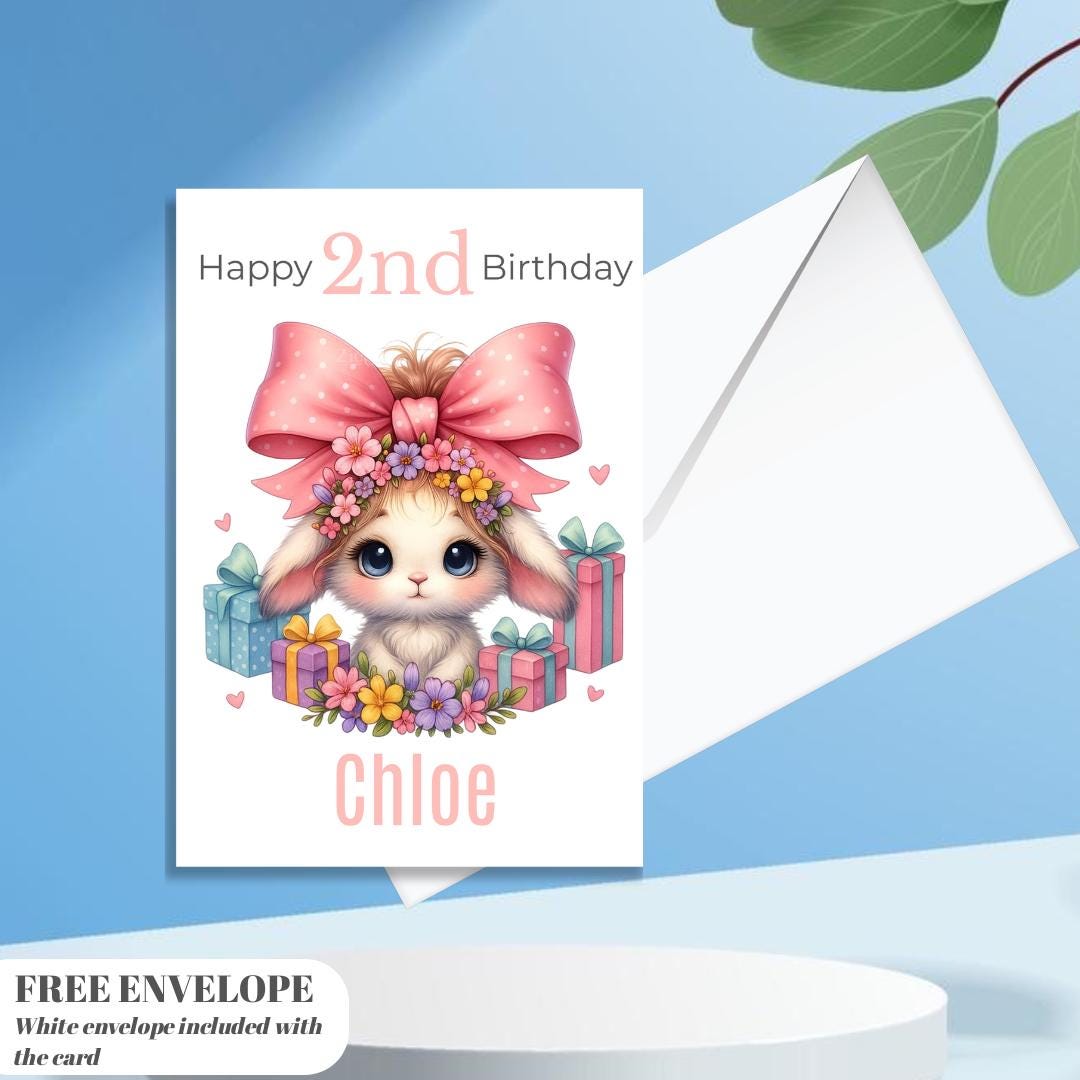 Happy 2nd Rabbit  Birthday Card | Personalised Baby Girl Greeting Card | Custom Number Card for your niece from grandma, aunt or loved one