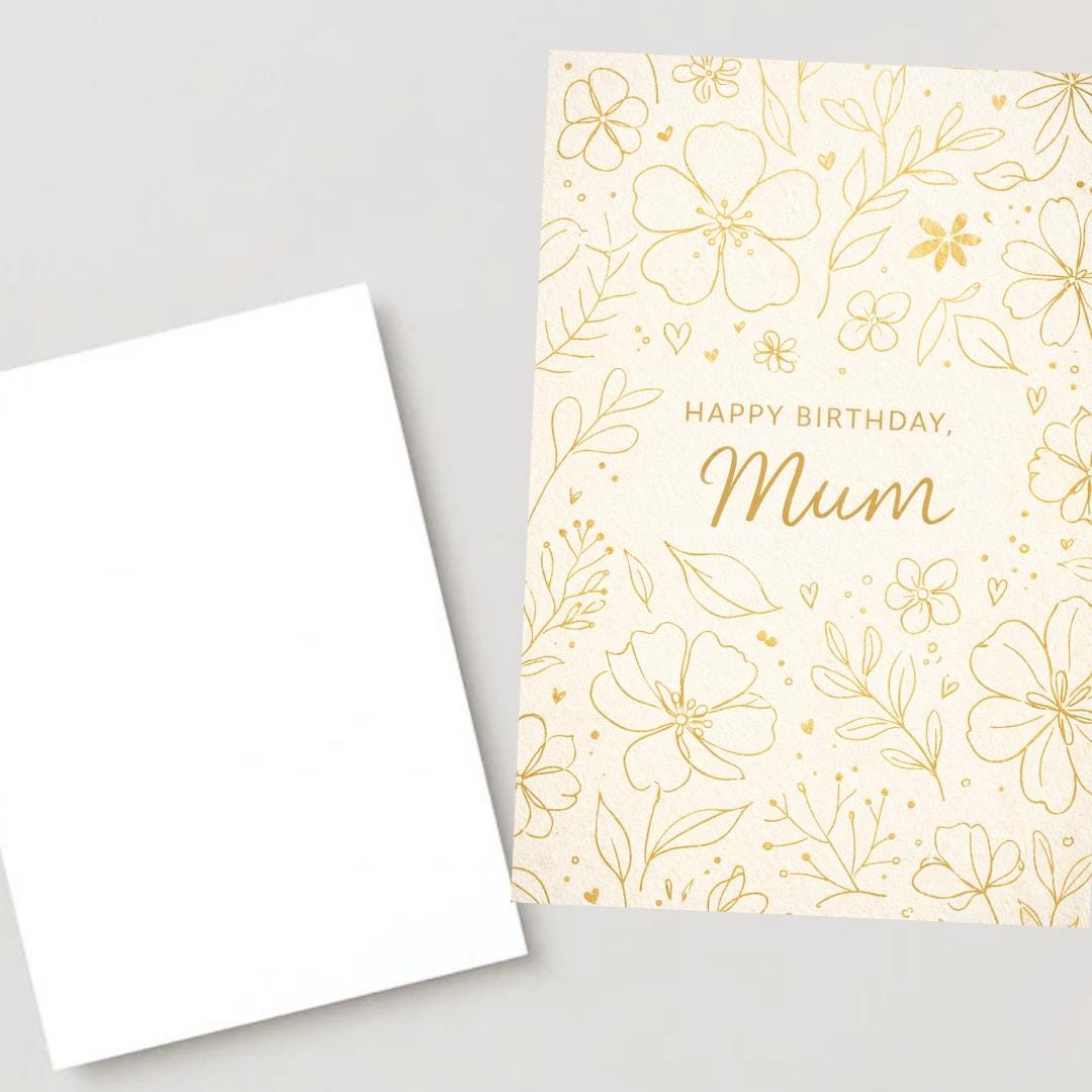 Mum Birthday Card – Elegant Floral Birthday Card for Mum, Minimal Gold Design, Classy Birthday Card for Mother