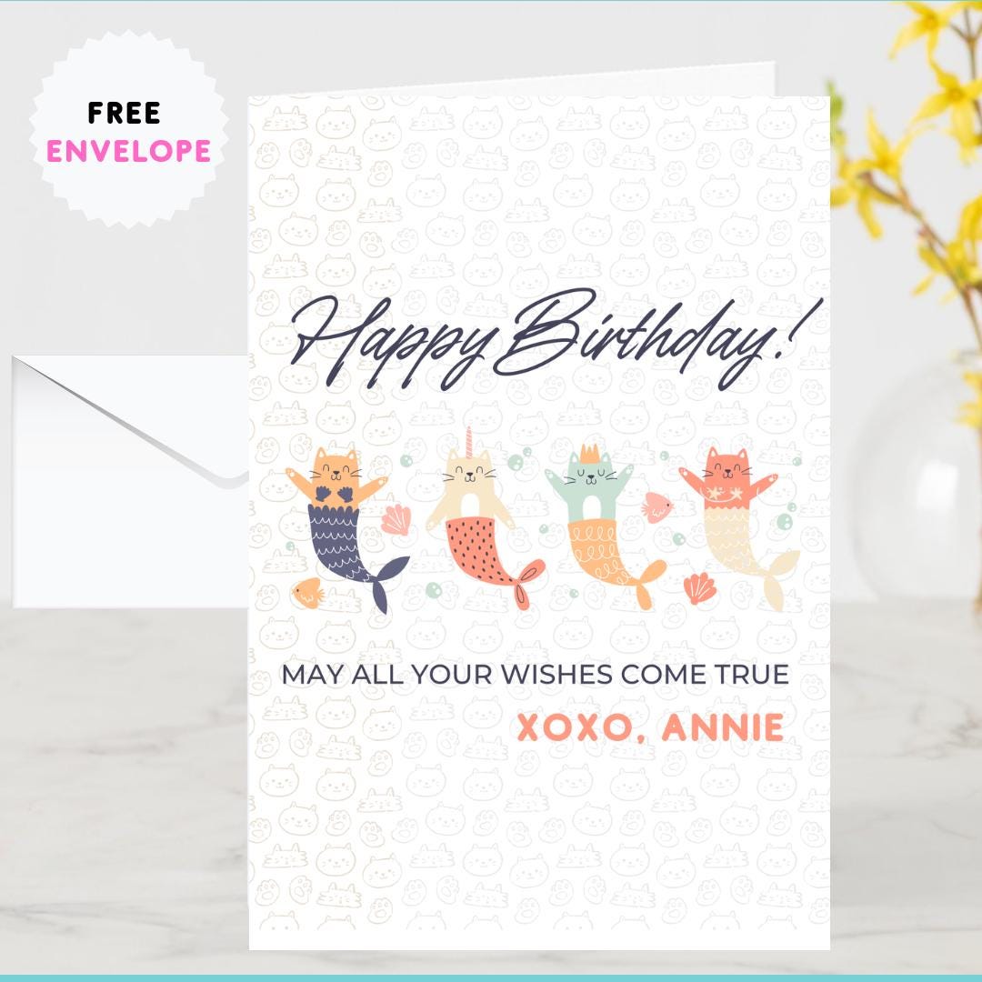 Personalised Cat Sirene Birthday Card, Birthday Cards, Cats Birthday Cards, Party Cats Cards, Birthday card  cute cat card