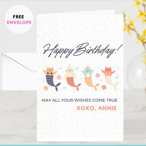 Personalised Cat Sirene Birthday Card, Birthday Cards, Cats Birthday Cards, Party Cats Cards, Birthday card  cute cat card