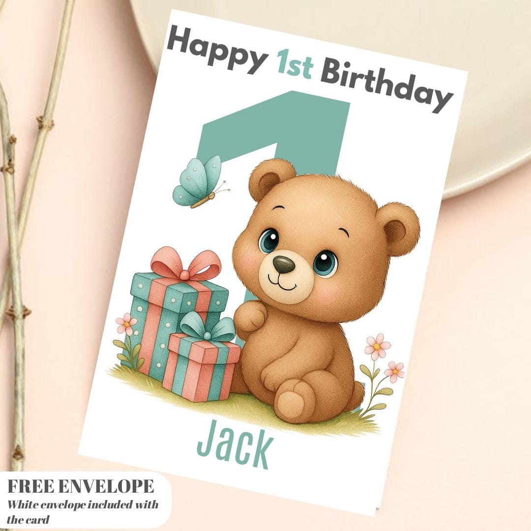 Teddy Bear 1st Birthday Card | Personalised Baby Boy Greeting Card | Custom Number Card for your nephew from grandpa, uncle or loved one