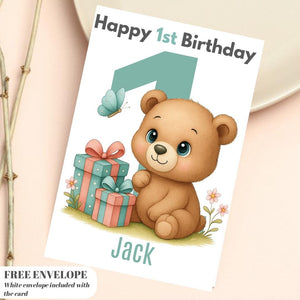 Teddy Bear 1st Birthday Card | Personalised Baby Boy Greeting Card | Custom Number Card for your nephew from grandpa, uncle or loved one