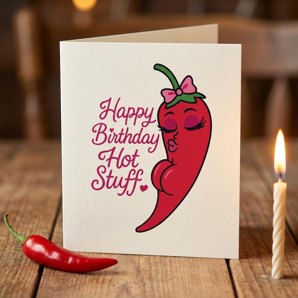 Funny Spicy Birthday Card – Sexy Chili Pepper Diva Illustration – Cute Flirty Printable Birthday Card for Partner, Husband, Wife, Boyfriend,