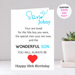 Personalised SON Birthday Card Quote Coming of Age 21st 18th 16th 30th 40th Wonderful Son Card for him