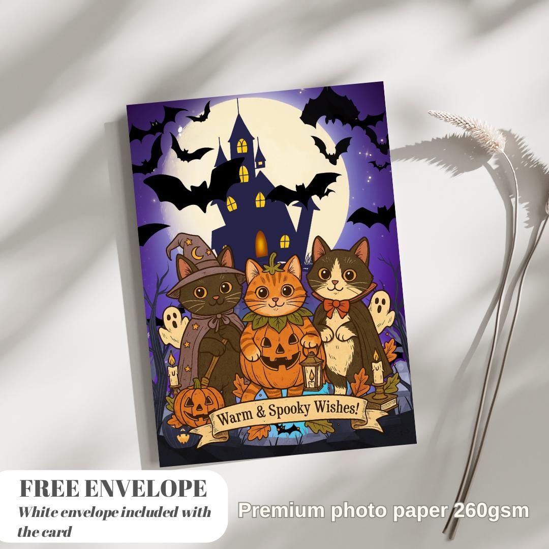 Funny Cat halloween Card - warm and spooky whises Cat - halloween Cards For Men Women - Cheeky Gift For Cat Lovers - Sister Brother Friend