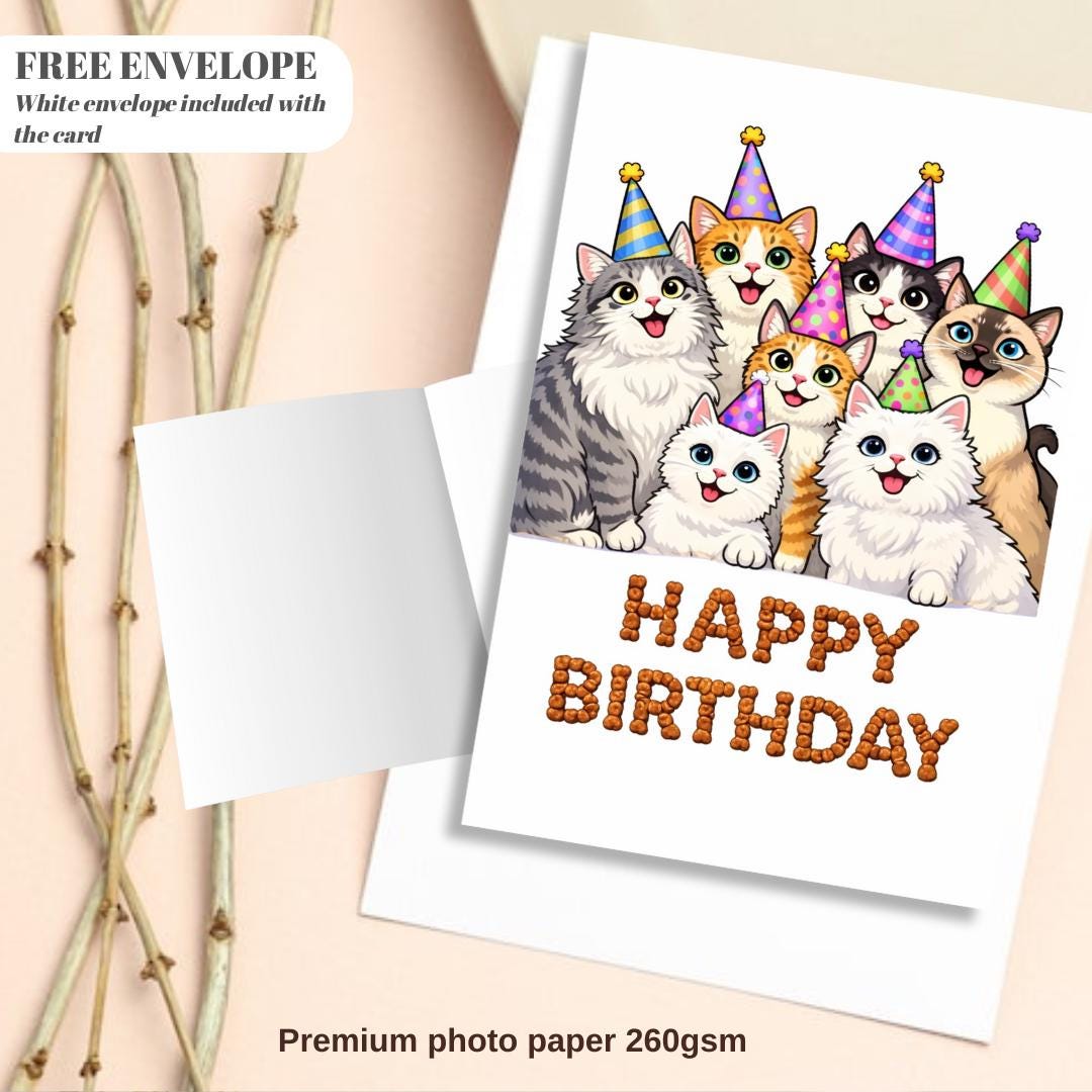 Funny Cat Birthday Greeting Card, Meme Cats Party Card, Cat Lover Birthday Card, Cute Pet Birthday Card