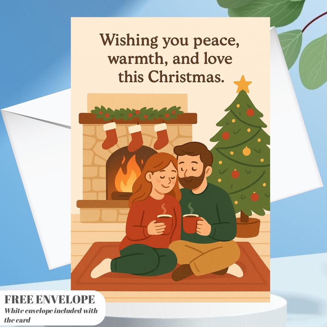 Cozy Christmas Couple Card – Wishing You Peace, Warmth & Love | Romantic Holiday Fireplace Scene | Warm Family Christmas Card