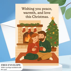 Cozy Christmas Couple Card – Wishing You Peace, Warmth & Love | Romantic Holiday Fireplace Scene | Warm Family Christmas Card