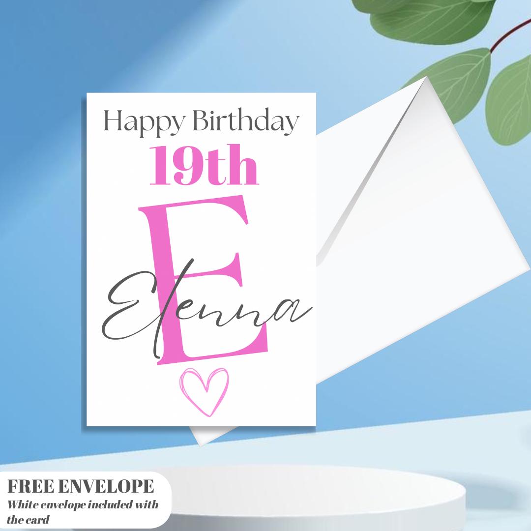 Happy 19th Birthday Card | Personalised Girl Greeting Card | Custom Number Card for your niece from grandma, aunt or loved one