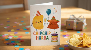 Funny Birthday Card • Chip Chip Hurra • Cute Chips Greeting Card • Pun Birthday Card • Humorous Birthday Gift • Cheese Dip Party Card
