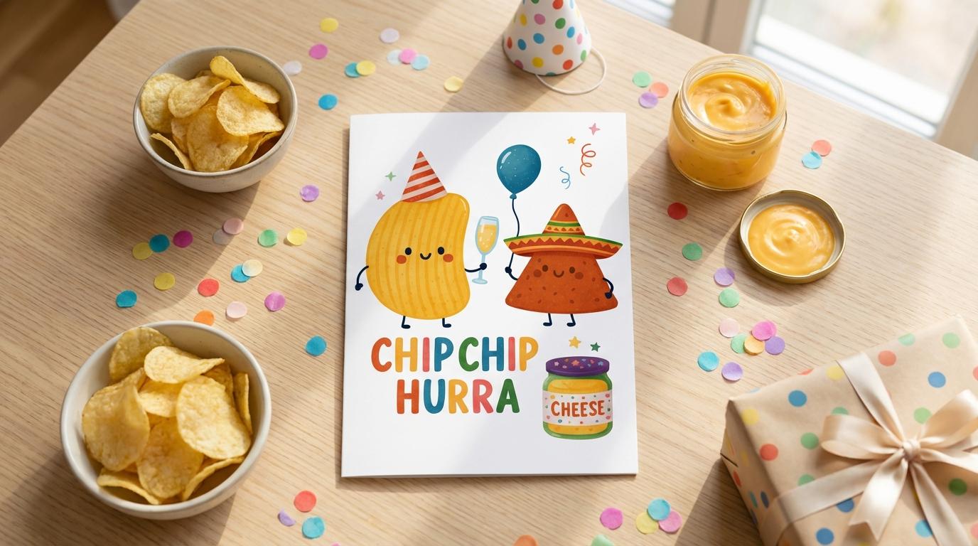 Funny Birthday Card • Chip Chip Hurra • Cute Chips Greeting Card • Pun Birthday Card • Humorous Birthday Gift • Cheese Dip Party Card