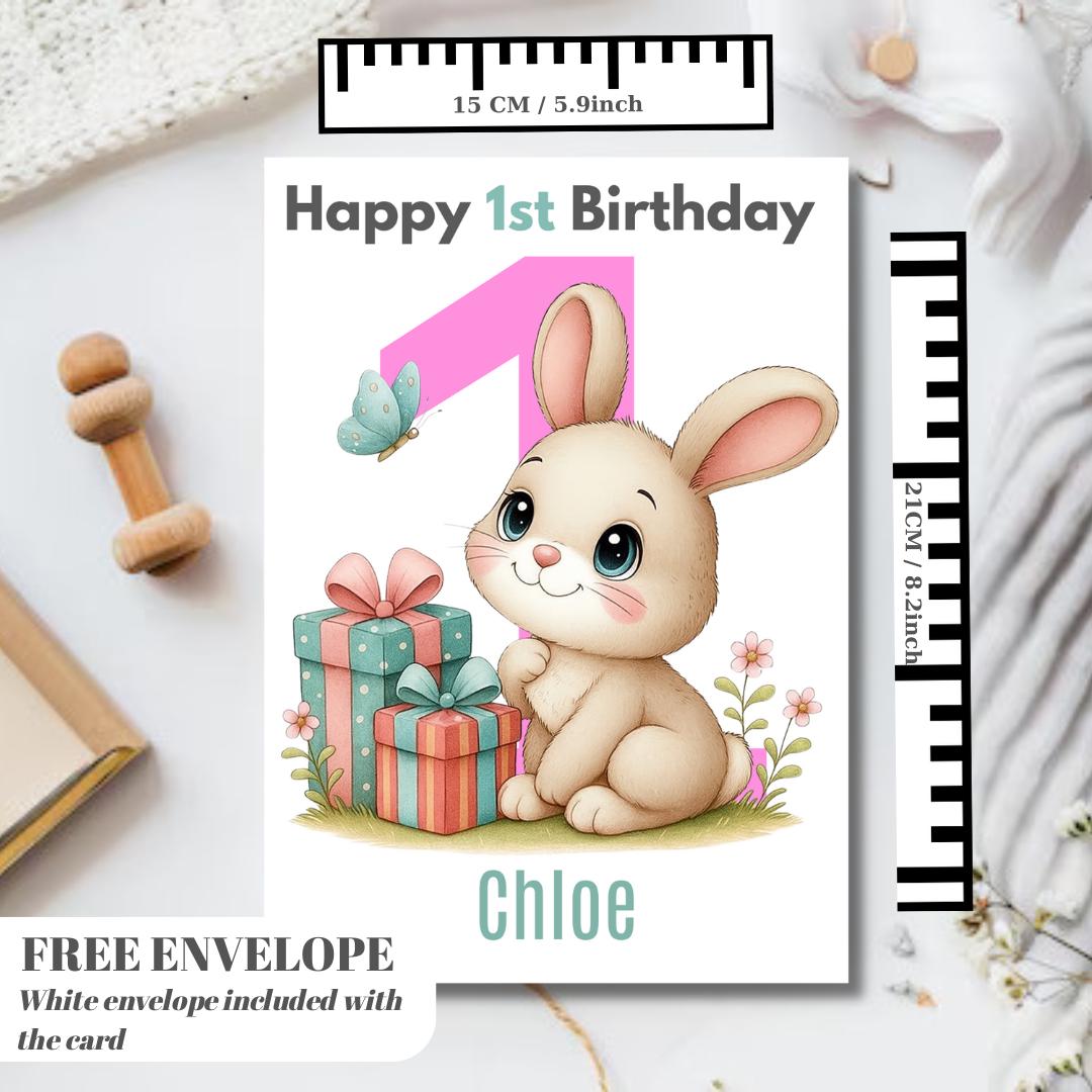 Rabbit 1st Birthday Card | Personalised Baby Girl Greeting Card | Custom Number Card for your niece from grandma, aunt or loved one