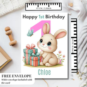 Rabbit 1st Birthday Card | Personalised Baby Girl Greeting Card | Custom Number Card for your niece from grandma, aunt or loved one