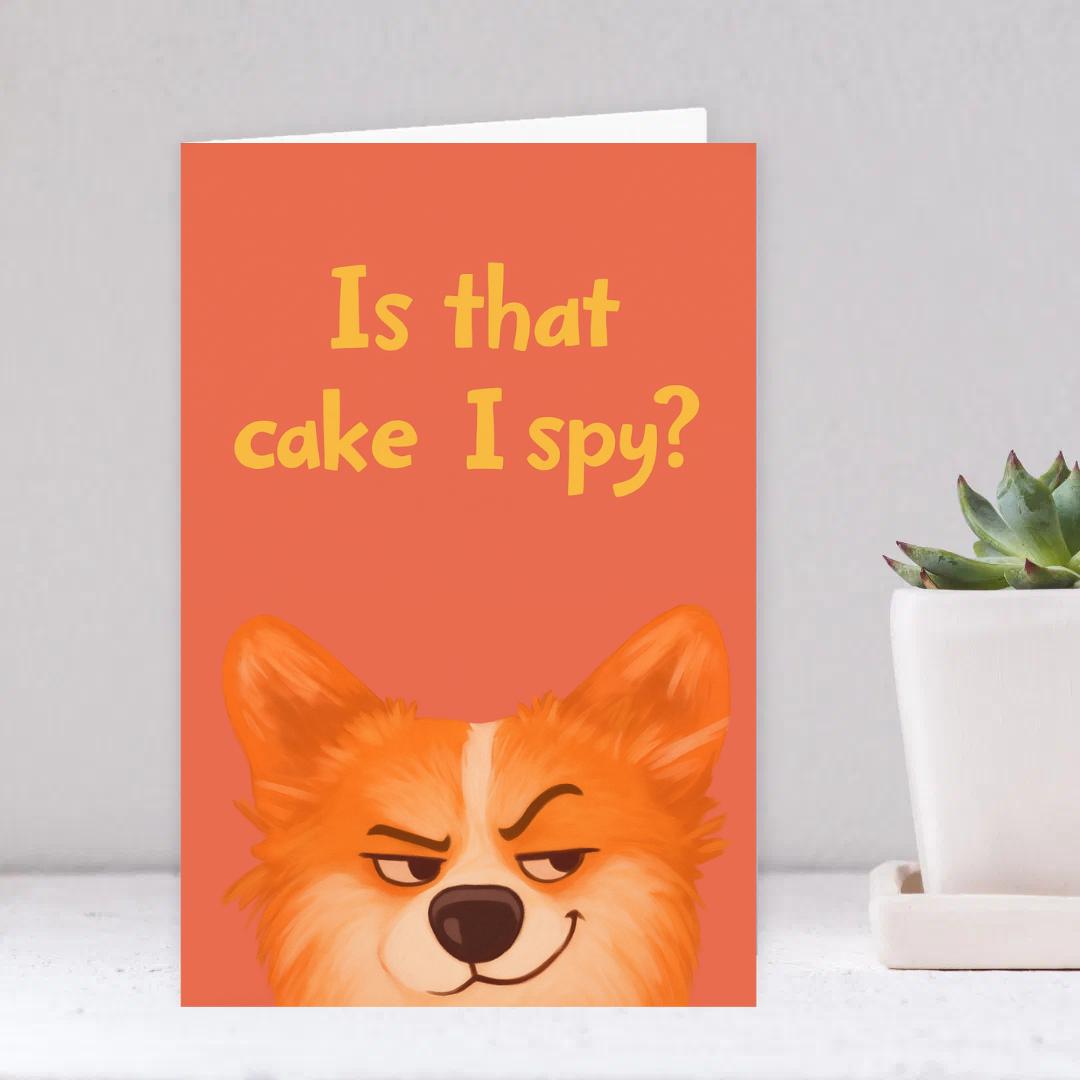 Is that cake I spy? Cute Corgi Birthday Card – Funny Dog Party Greeting for Cake Lovers