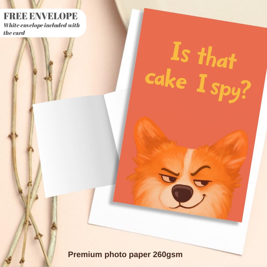 Is that cake I spy? Cute Corgi Birthday Card – Funny Dog Party Greeting for Cake Lovers