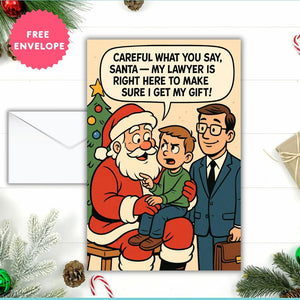 Funny Christmas Card | Funny Santa Cartoon | Kid with Lawyer Christmas Gift | Holiday Humor Print | Santa Claus Joke Poster