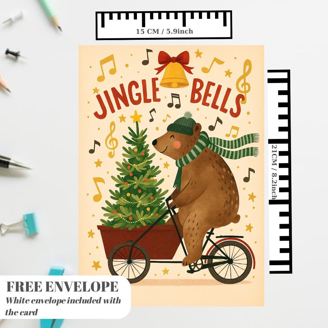 Funny Christmas Card - Bear on bicycle with Christmas tree, jungle bells christmas card bear greeting card