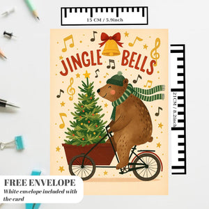 Funny Christmas Card - Bear on bicycle with Christmas tree, jungle bells christmas card bear greeting card