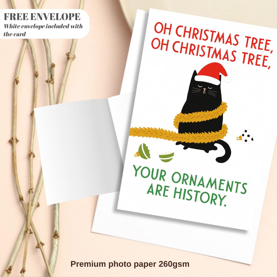 Funny Cat Christmas Card - Ornaments Christmas Cat - Funny Xmas Cards For Cat Lovers - Cat destroyed ornaments, cat mums Funny postcard