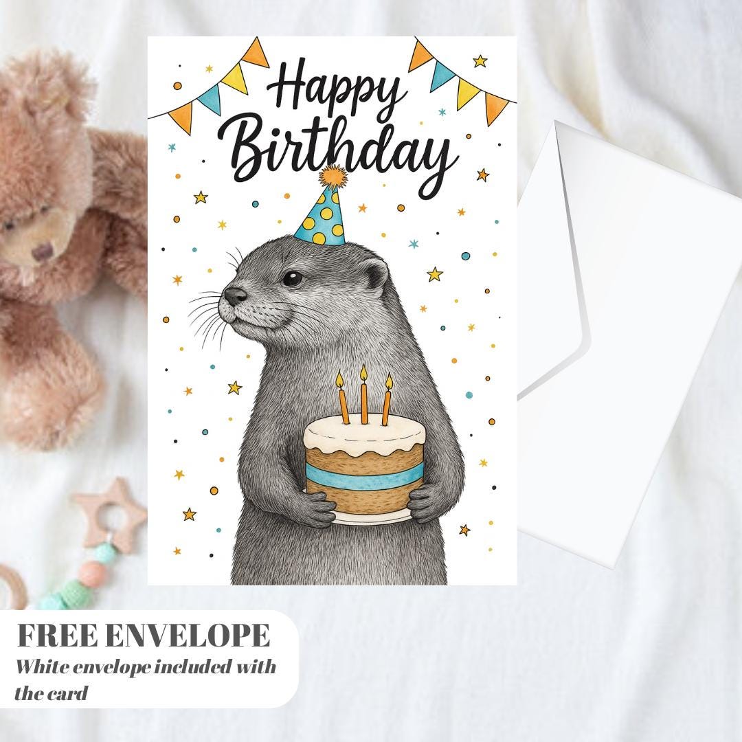 Otter Birthday card animal birthday card wildlife art card hand drawn animal art cute otter card
