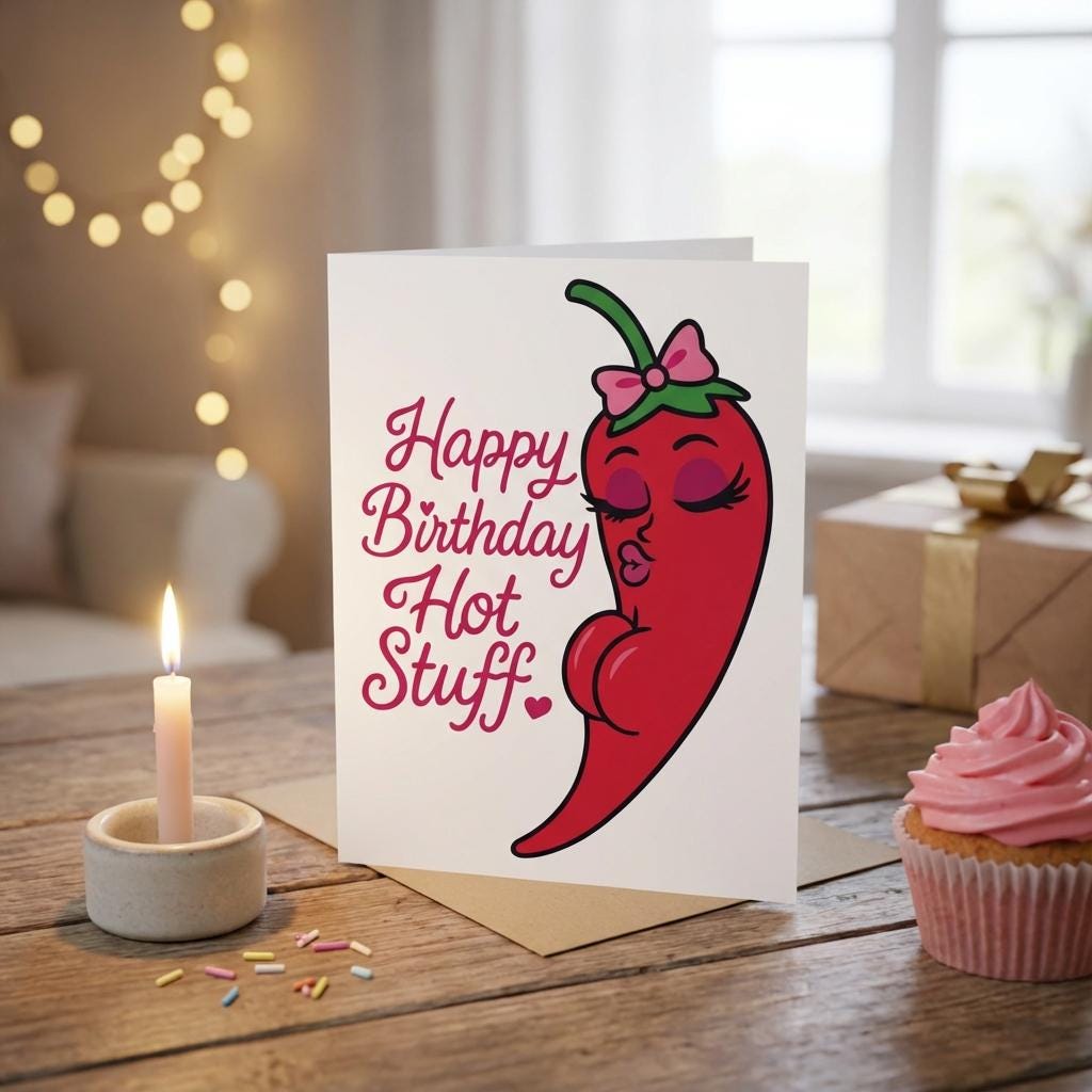 Funny Spicy Birthday Card – Sexy Chili Pepper Diva Illustration – Cute Flirty Printable Birthday Card for Partner, Husband, Wife, Boyfriend,