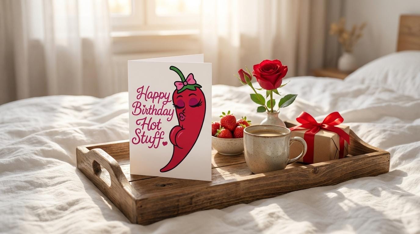 Funny Spicy Birthday Card – Sexy Chili Pepper Diva Illustration – Cute Flirty Printable Birthday Card for Partner, Husband, Wife, Boyfriend,