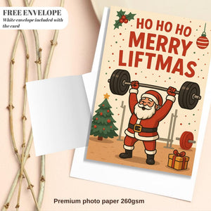 Santa Merry Liftmas Gym Card – Funny Fitness Christmas Santa Card for Him, Bodybuilder Holiday Card, Protein Lover Gift, Workout Greeting