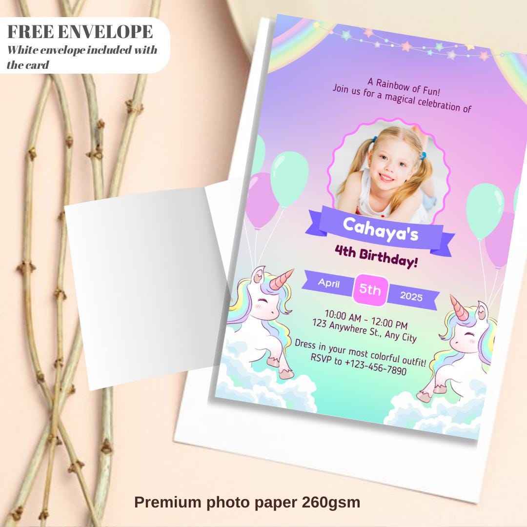 Unicorn birthday card invitation 5th, 7th, 6th, Personalised invitation for birthday party unicorn style invitation card with lovely Unicorn