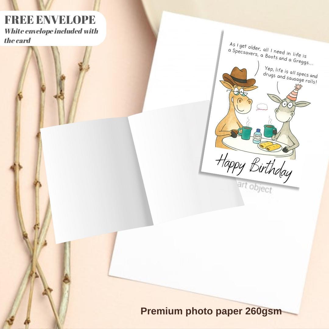 Paperlink Funny Artistic 'Happy Birthday' Greetings Card - From The Funny Farm Range - For Him/For Her - 'Specs, Drugs and Sausage Rolls!'