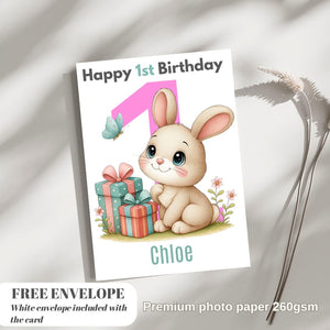 Rabbit 1st Birthday Card | Personalised Baby Girl Greeting Card | Custom Number Card for your niece from grandma, aunt or loved one